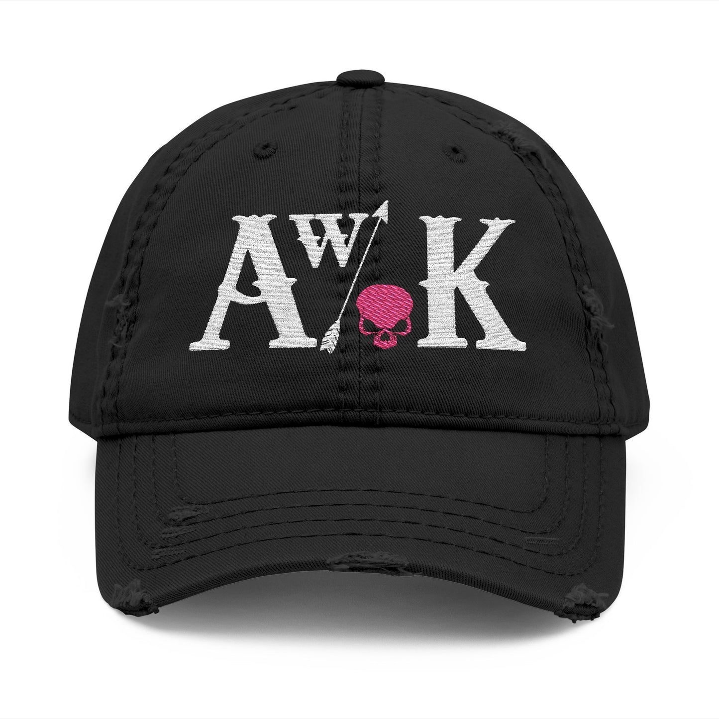 Distressed Embroidered Dad Hat — Aw/K with Pink Skull