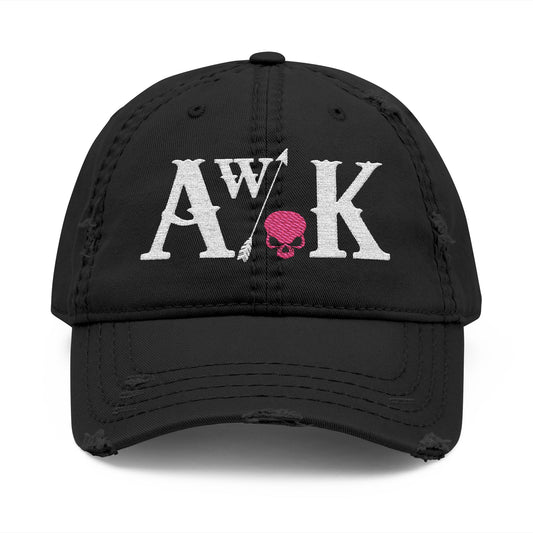 Distressed Embroidered Dad Hat — Aw/K with Pink Skull