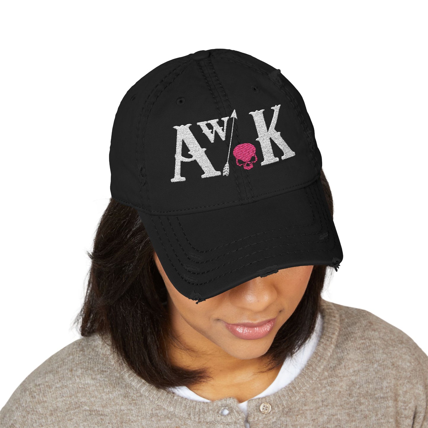 Distressed Embroidered Dad Hat — Aw/K with Pink Skull